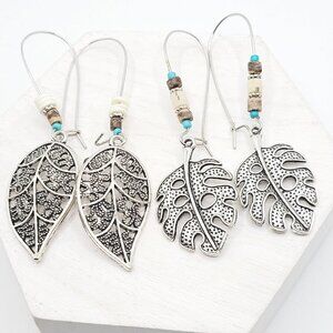 2 Drop Dangle Leaf Earrings Silver Tone Boho Bohemian 2.75" Large Hooks EUC